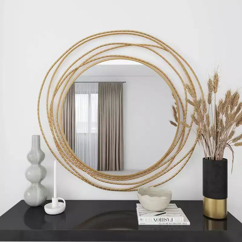 Specchio da Parete Rotondo in Metallo Dorato con Cornice ad Anelli Sovrapposti – 40"L x 38.38"A