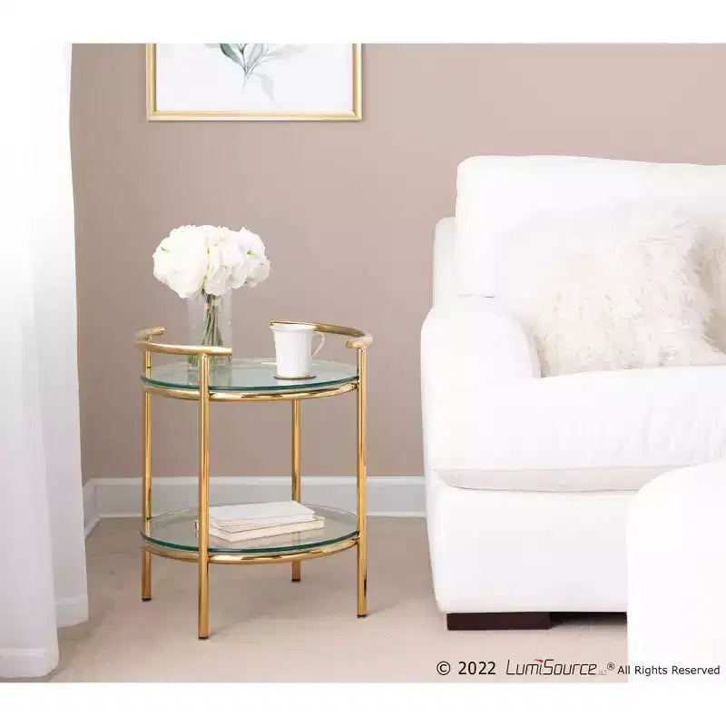 Tavolino ovale a livelli Art Déco – Oro e vetro trasparente, altezza 56 cm