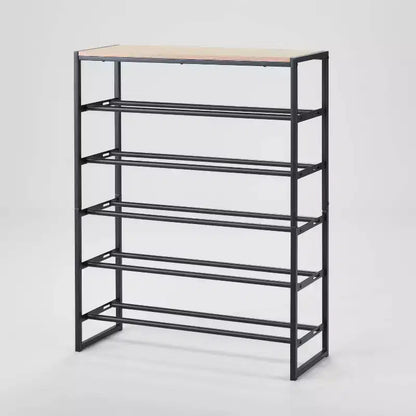 5 Tier Shoe Rack Black Metal with Natural Wood - Brightroom™