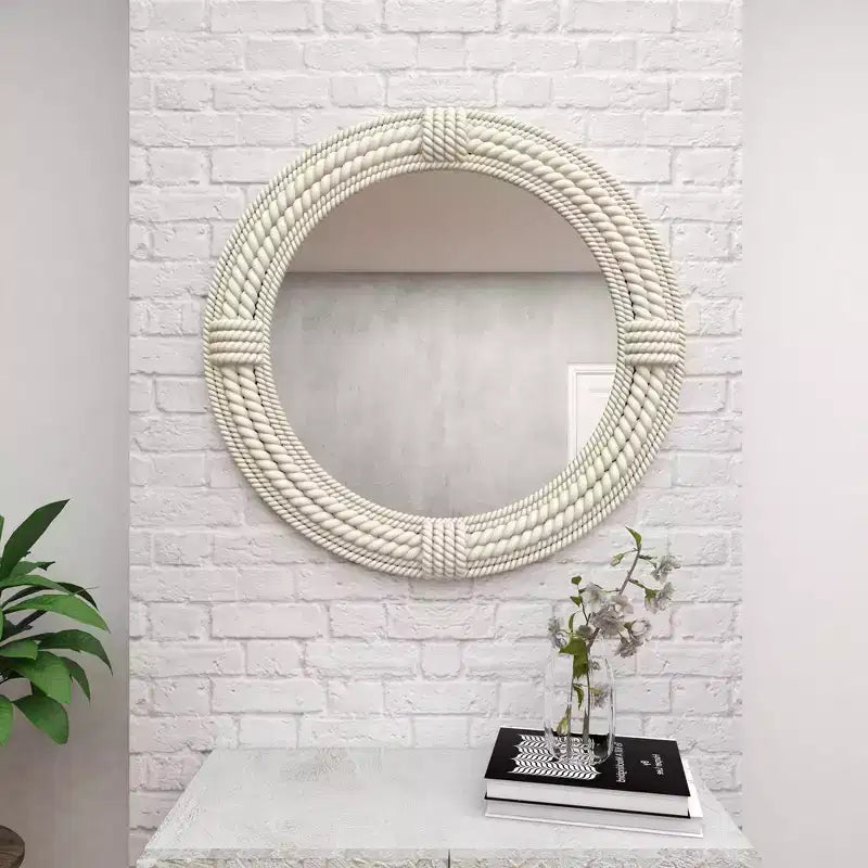Specchio rotondo da parete costiero con cornice in corda di juta bianca – 91 cm di diametro
