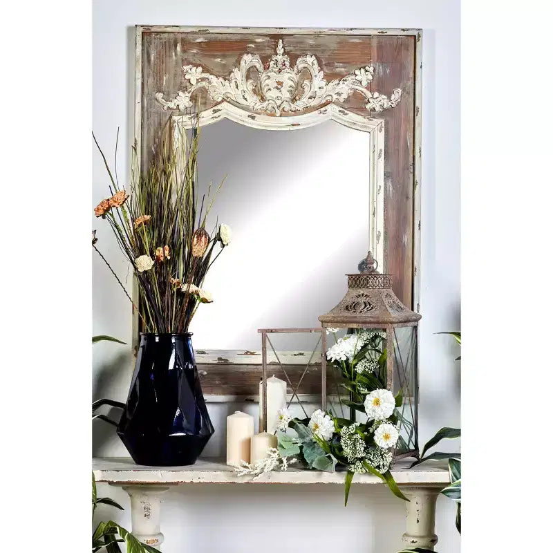 Specchio da Parete con Intaglio Floreale in Legno d'Acanto – Marrone, 109 cm A x 84 cm L