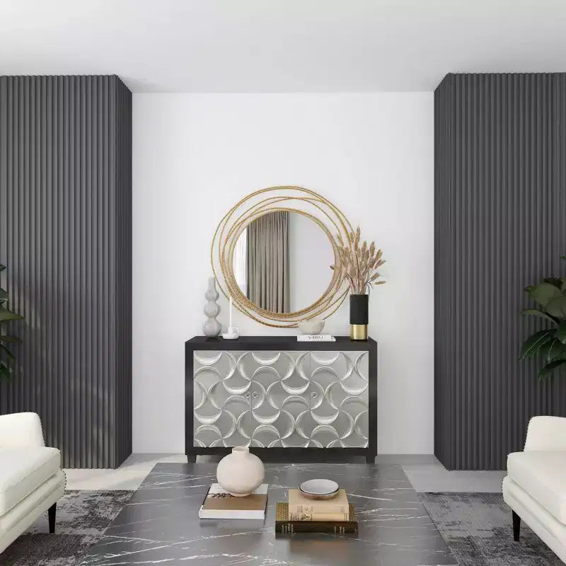 Specchio da Parete Rotondo in Metallo Dorato con Cornice ad Anelli Sovrapposti – 40"L x 38.38"A