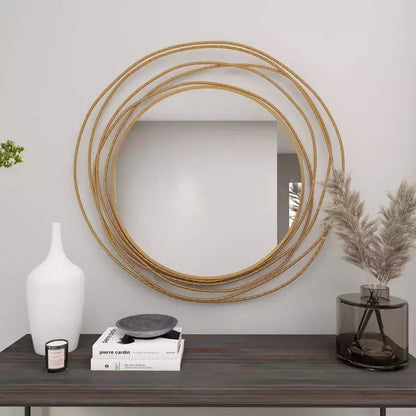 Specchio da Parete Rotondo in Metallo Dorato con Cornice ad Anelli Sovrapposti – 40"L x 38.38"A