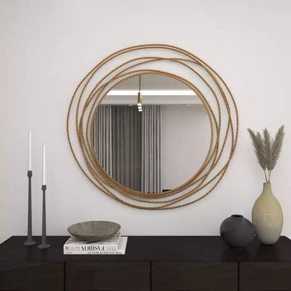 Specchio da Parete Rotondo in Metallo Dorato con Cornice ad Anelli Sovrapposti – 40"L x 38.38"A