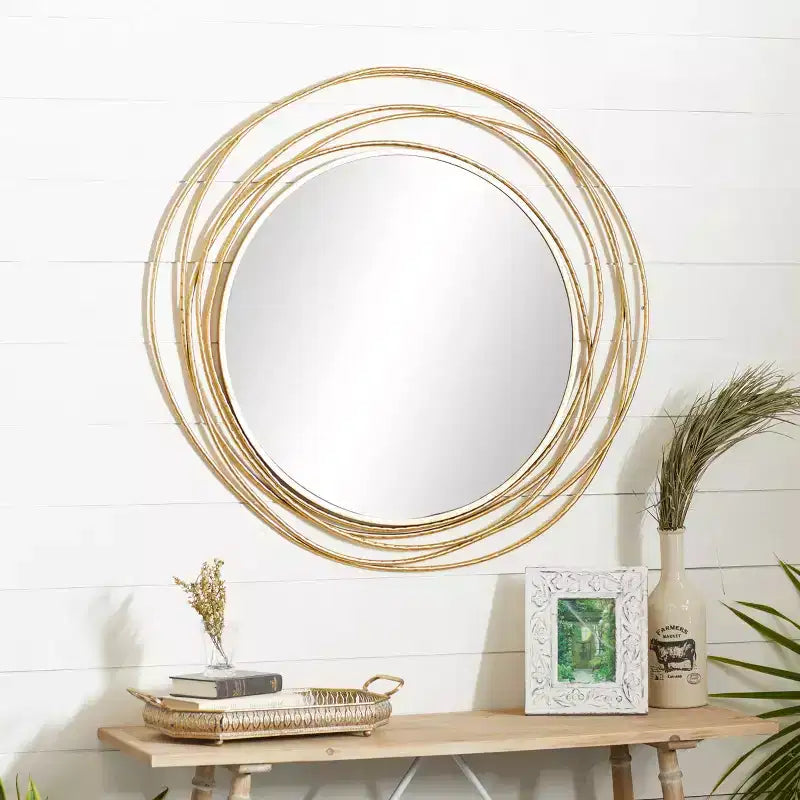 Specchio da Parete Rotondo in Metallo Dorato con Cornice ad Anelli Sovrapposti – 40"L x 38.38"A