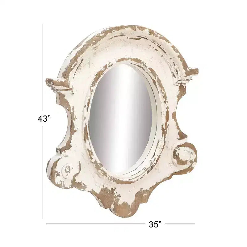 Specchio ovale da parete intagliato con parte superiore ad arco e cornice in resina bianca anticata