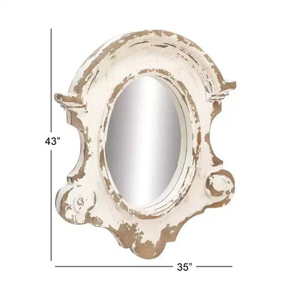 Specchio ovale da parete intagliato con parte superiore ad arco e cornice in resina bianca anticata