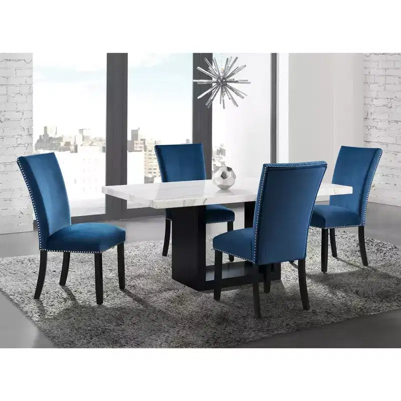 Tavolo da pranzo altezza standard effetto marmo – Bianco, 6 posti, MDF e impiallacciatura in legno