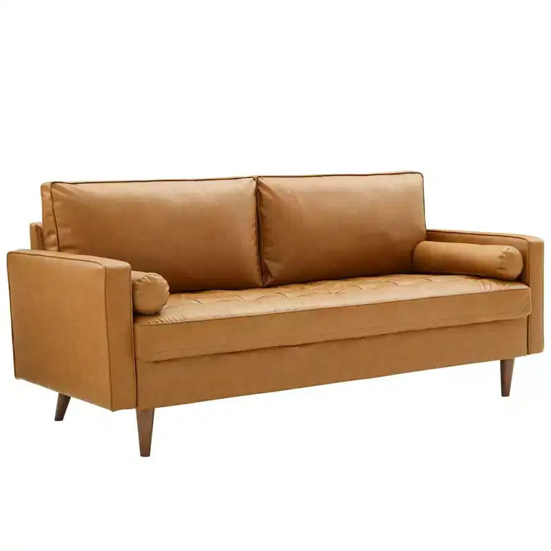 Divano in similpelle stile Mid-Century Modern – Color cuoio, 4 posti, Struttura in legno