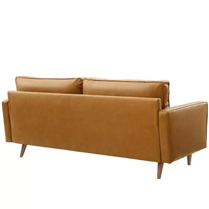 Divano in similpelle stile Mid-Century Modern – Color cuoio, 4 posti, Struttura in legno