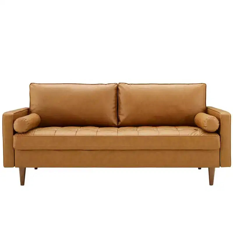 Divano in similpelle stile Mid-Century Modern – Color cuoio, 4 posti, Struttura in legno