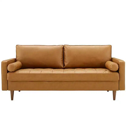 Divano in similpelle stile Mid-Century Modern – Color cuoio, 4 posti, Struttura in legno