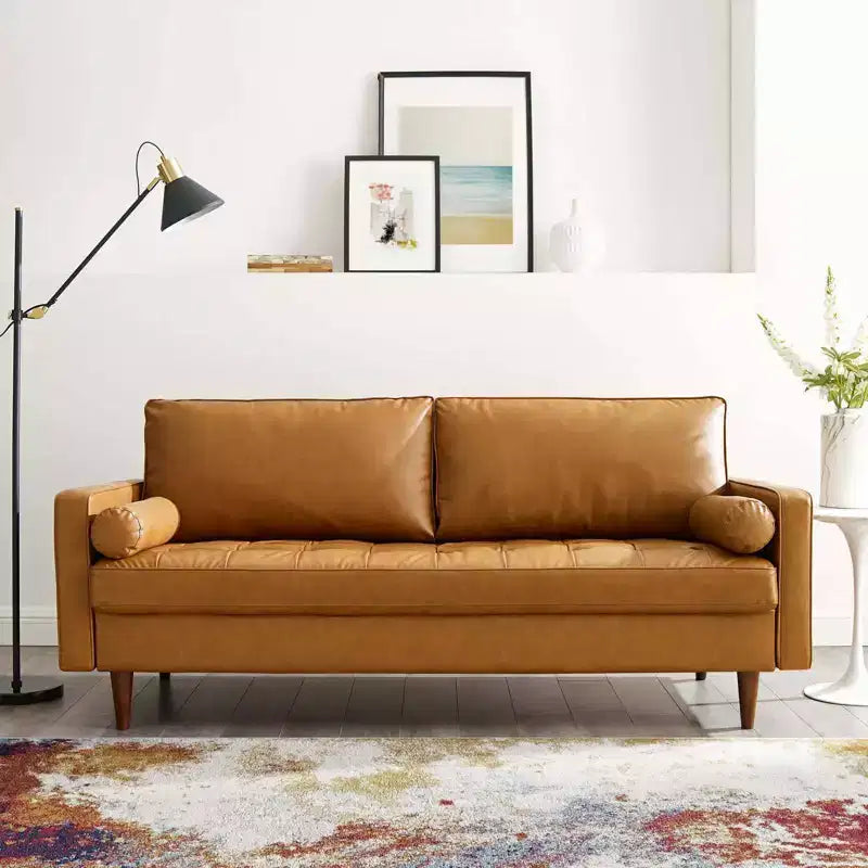 Divano in similpelle stile Mid-Century Modern – Color cuoio, 4 posti, Struttura in legno