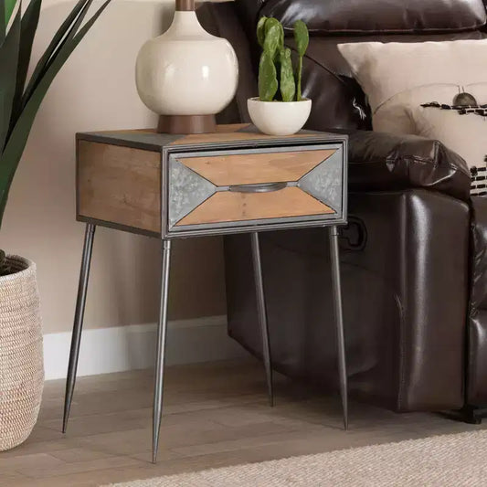 Comodino contemporaneo a 1 cassetto – Metallo e legno, Grigio/Marrone