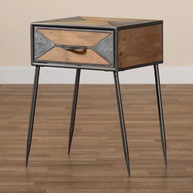 Comodino contemporaneo a 1 cassetto – Metallo e legno, Grigio/Marrone