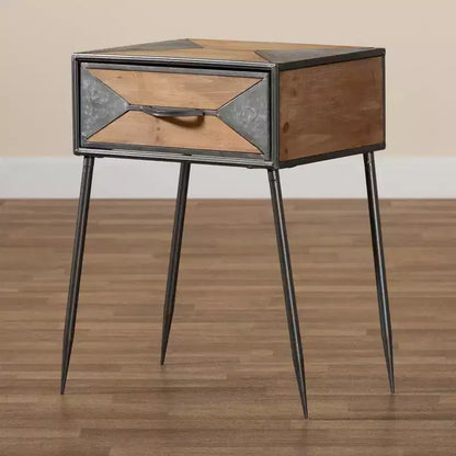 Comodino contemporaneo a 1 cassetto – Metallo e legno, Grigio/Marrone