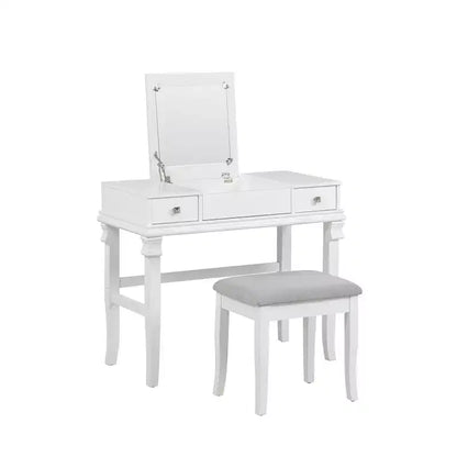 Adler Traditional Wood 2 Drawer Lift Top Mirror Vanity and Upholstered Stool White - Linon