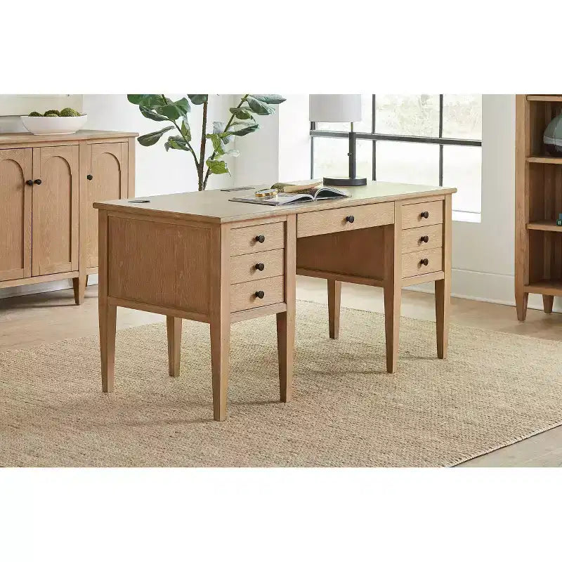 Scrivania direzionale moderna in legno con mezza base e cassetto multiuso – Marrone chiaro