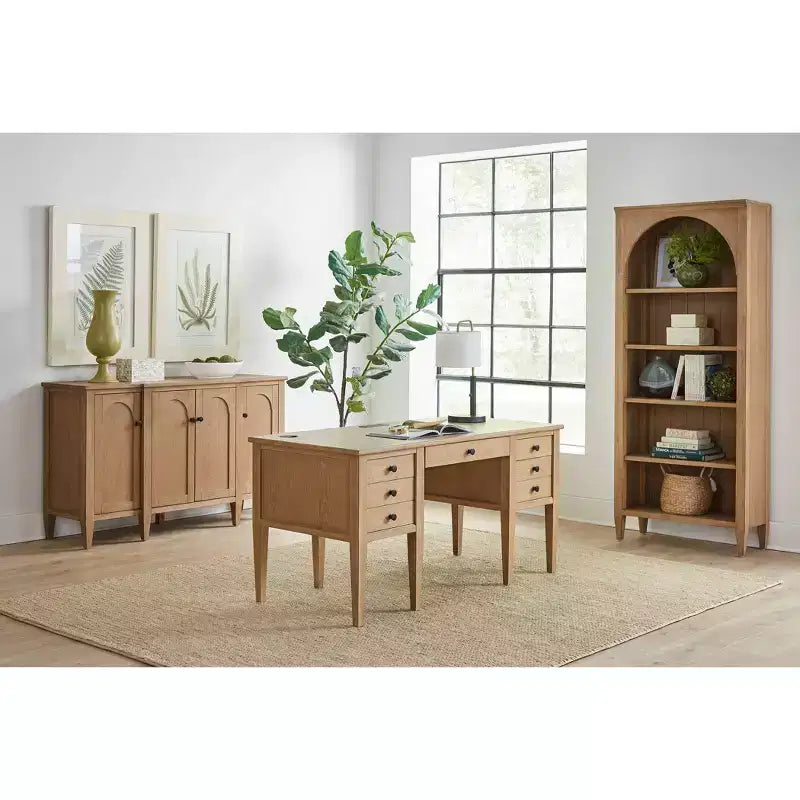 Scrivania direzionale moderna in legno con mezza base e cassetto multiuso – Marrone chiaro