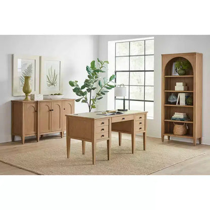Scrivania direzionale moderna in legno con mezza base e cassetto multiuso – Marrone chiaro