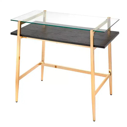 Lifestorey Thayer Mid Century Glass Desk Bright Gold: Modern Elegance, Metal Frame, Open Storage Shelf