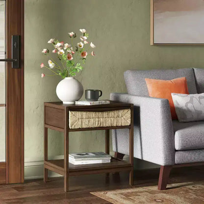 Tavolino laterale in composito di legno con cassetto e mobiletto decorativo