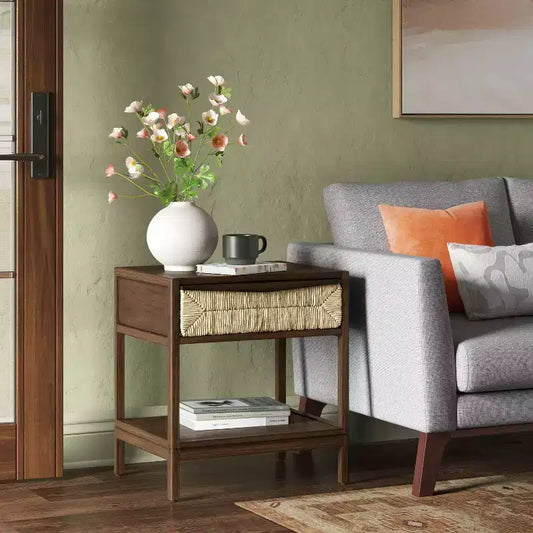 Tavolino laterale in composito di legno con cassetto e mobiletto decorativo