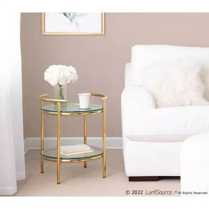 Tavolino ovale a livelli Art Déco – Oro e vetro trasparente, altezza 56 cm