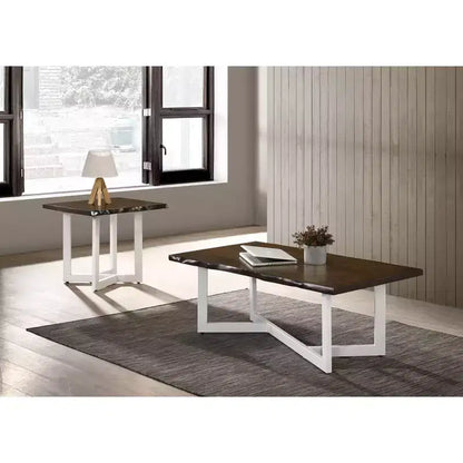Tavolino da Caffè e Tavolino d'Appoggio in Quercia con Bordo Naturale e Base Geometrica in Metallo – 2 Pezzi