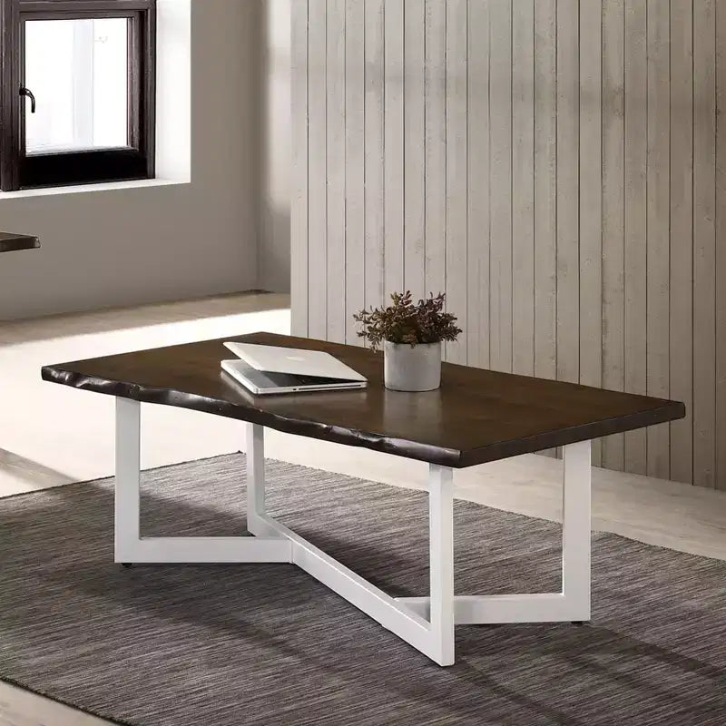 Tavolino da Caffè e Tavolino d'Appoggio in Quercia con Bordo Naturale e Base Geometrica in Metallo – 2 Pezzi