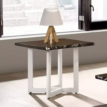 Tavolino da Caffè e Tavolino d'Appoggio in Quercia con Bordo Naturale e Base Geometrica in Metallo – 2 Pezzi