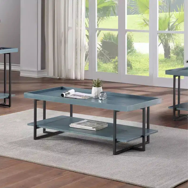 Tavolino rettangolare – Blu, Stile rustico contemporaneo, Ripiani a giorno