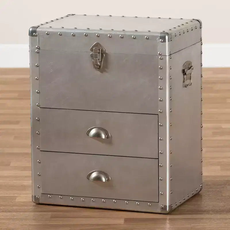 Cassettiera d'appoggio vintage industriale in metallo a 2 cassetti – Argento, completamente assemblata