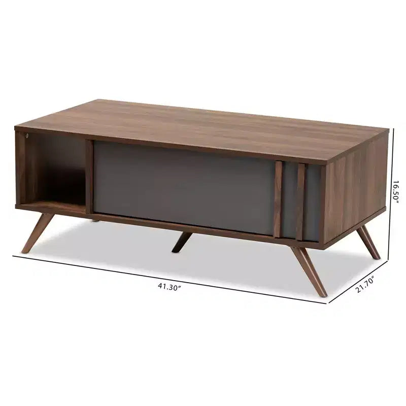 Tavolino da caffè in legno bicolore con 1 cassetto – Grigio e Noce con ripiano portaoggetti