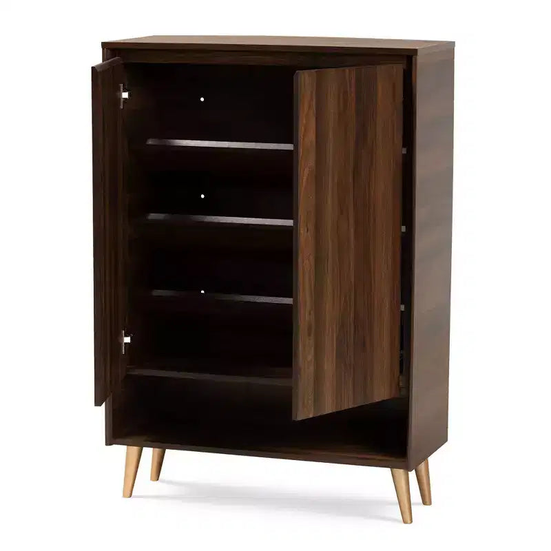 Scarpiera a 2 ante stile Mid-Century – Noce/Marrone/Oro, Contiene 4 Paia