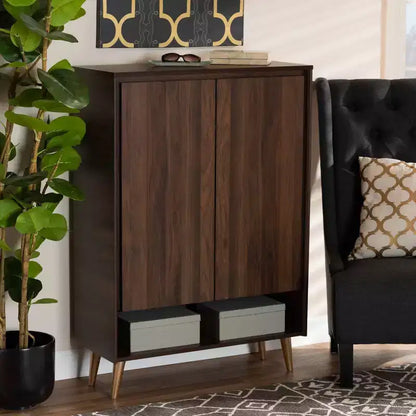Scarpiera a 2 ante stile Mid-Century – Noce/Marrone/Oro, Contiene 4 Paia