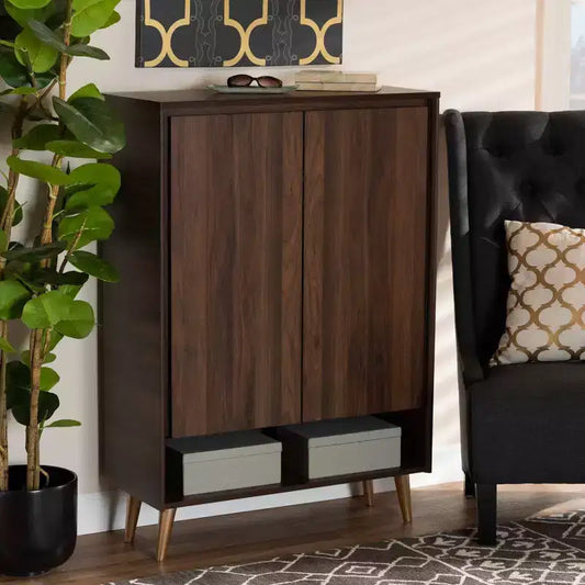 Scarpiera a 2 ante stile Mid-Century – Noce/Marrone/Oro, Contiene 4 Paia