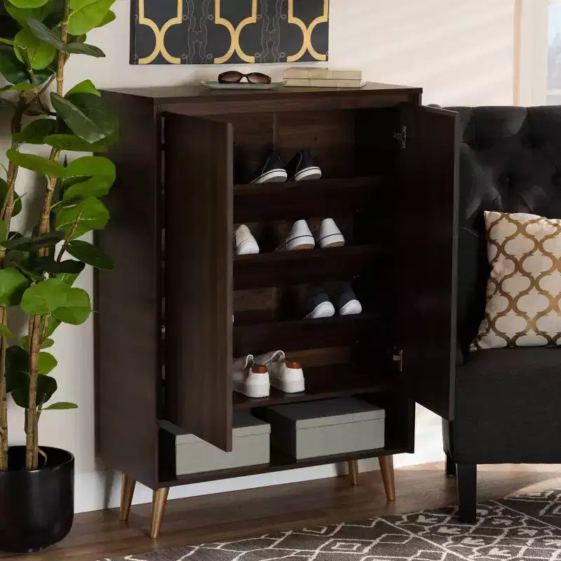 Scarpiera a 2 ante stile Mid-Century – Noce/Marrone/Oro, Contiene 4 Paia