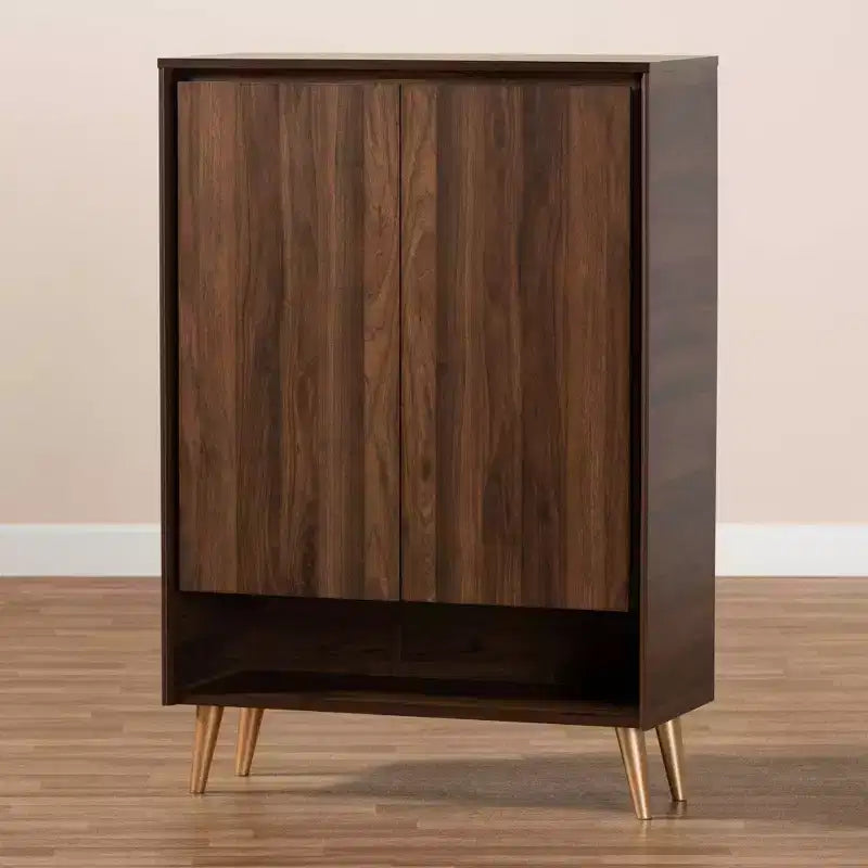 Scarpiera a 2 ante stile Mid-Century – Noce/Marrone/Oro, Contiene 4 Paia