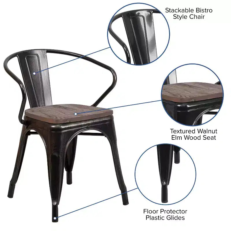 Sedia da pranzo in metallo con sedile e braccioli in legno – Stile industriale