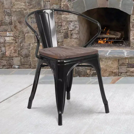Sedia da pranzo in metallo con sedile e braccioli in legno – Stile industriale