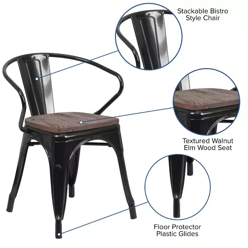 Sedia da pranzo in metallo con sedile e braccioli in legno – Stile industriale