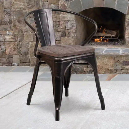 Sedia da pranzo in metallo con sedile e braccioli in legno – Stile industriale