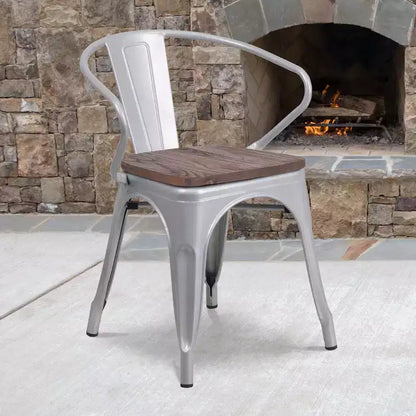 Sedia da pranzo in metallo con sedile e braccioli in legno – Stile industriale
