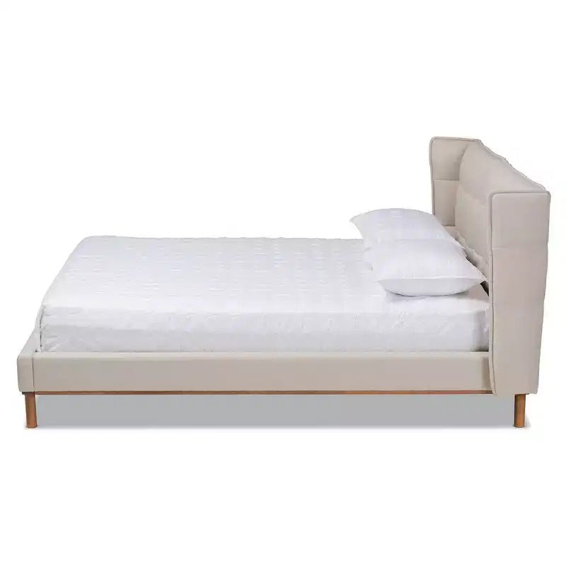 Letto in tessuto imbottito con piattaforma in legno e testiera ad ali – Struttura letto moderna