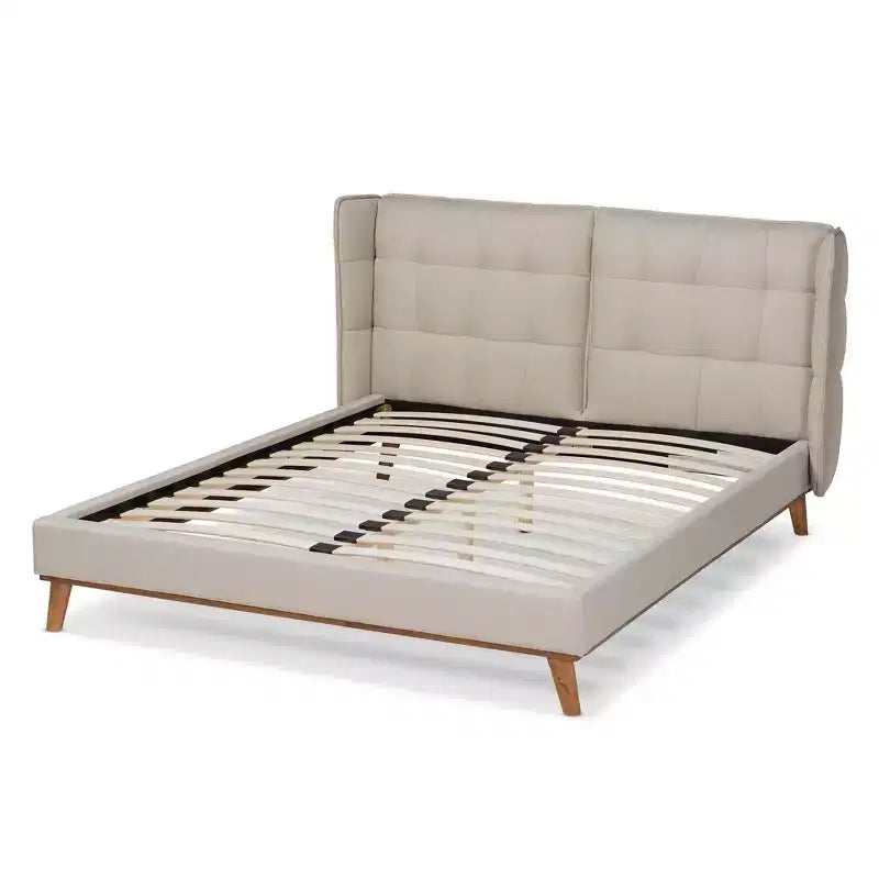 Letto in tessuto imbottito con piattaforma in legno e testiera ad ali – Struttura letto moderna