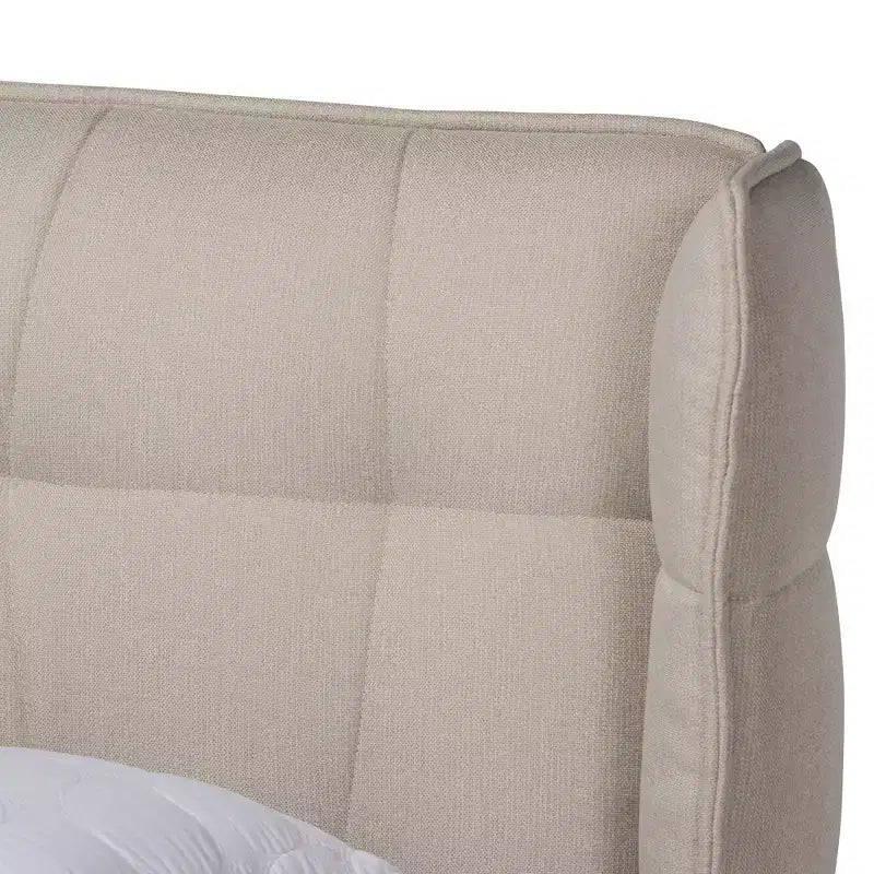 Letto in tessuto imbottito con piattaforma in legno e testiera ad ali – Struttura letto moderna