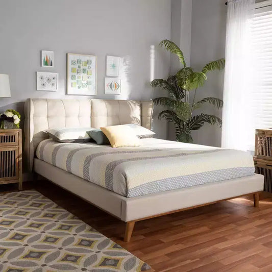 Letto in tessuto imbottito con piattaforma in legno e testiera ad ali – Struttura letto moderna
