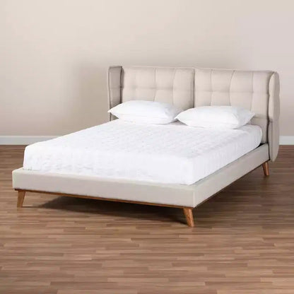 Letto in tessuto imbottito con piattaforma in legno e testiera ad ali – Struttura letto moderna