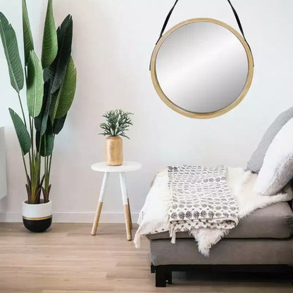 Specchio da Parete Rotondo Moderno Beige da 53 cm con Finitura Venatura del Legno – Corda in Finta Pelle per Appendere